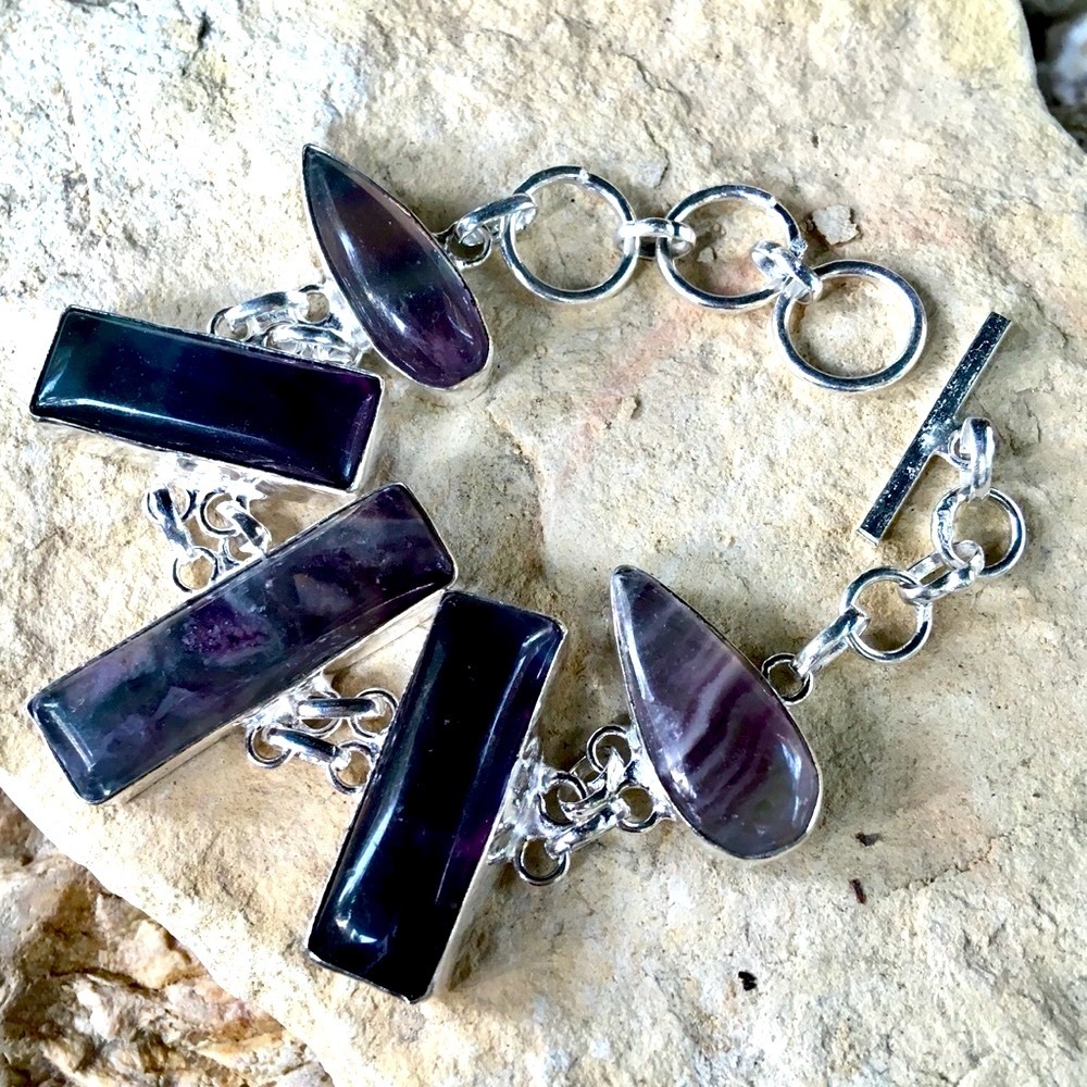 Rainbow Fluorite Bold Rectangular Link Bracelet N… - image 6